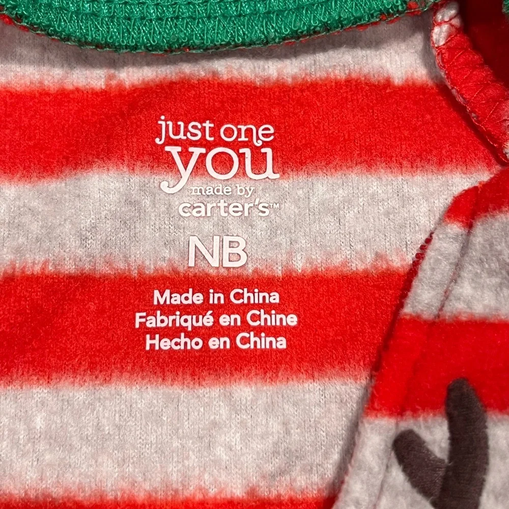 Carters Red & Gray Striped Christmas Reindeer Baby Fleece One-Piece, Newborn